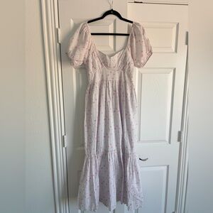 LoveShackFancy White Midi Dress with Pink Floral Print